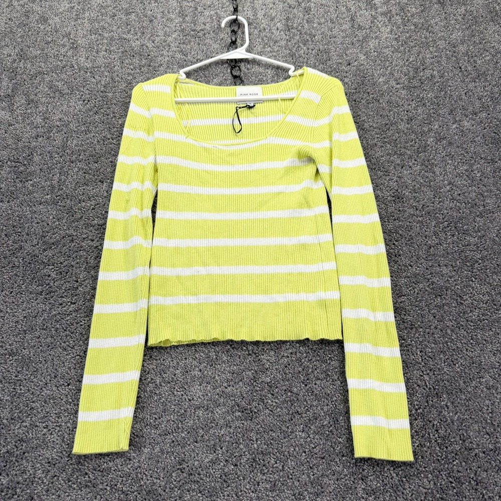 Pink Rose Sweater Womens Medium Lime Green White Striped Ribbed Knit Long Sleeve